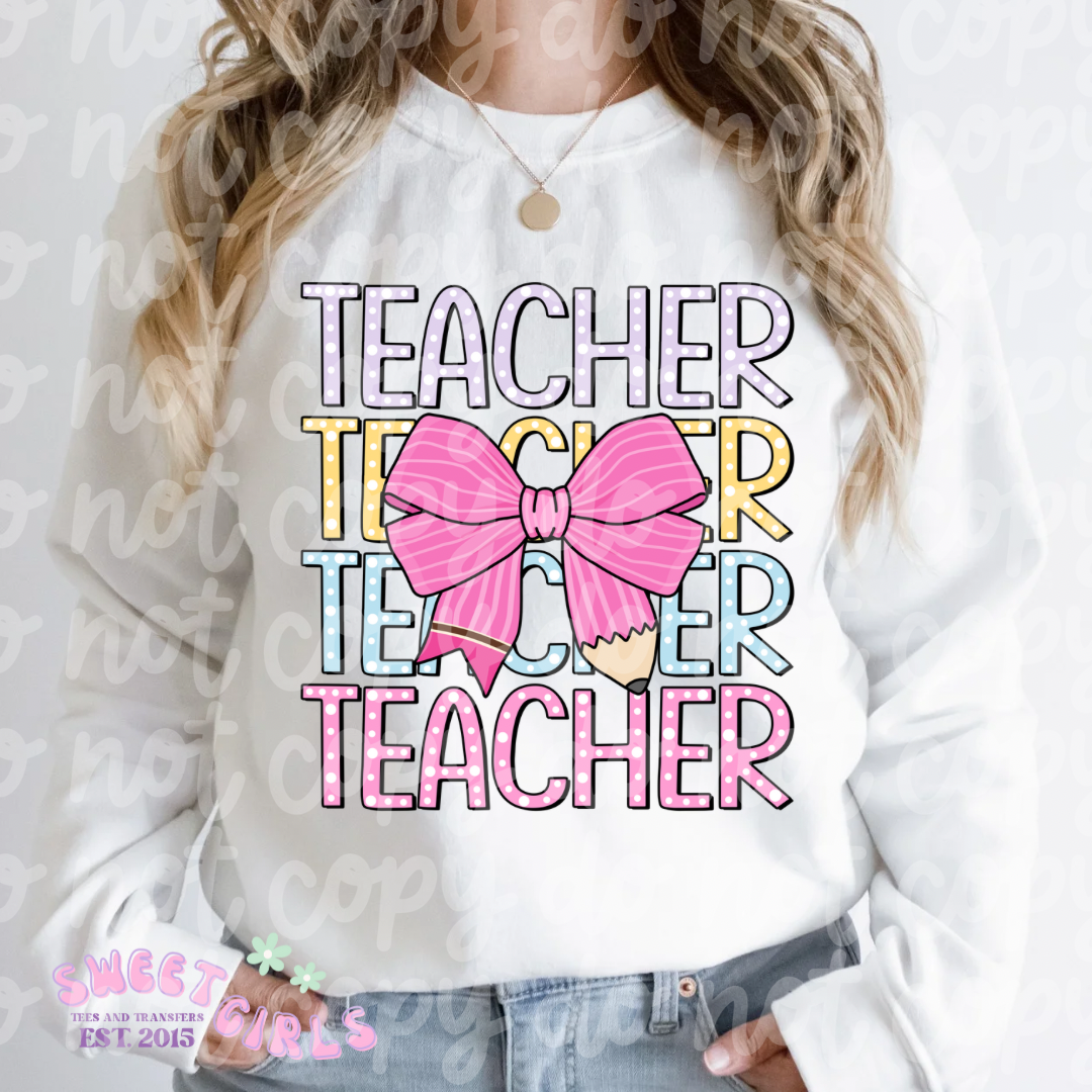 Cute Teacher Bow Tee & DTF Transfer | Adorable Graphic T-Shirt for Educators